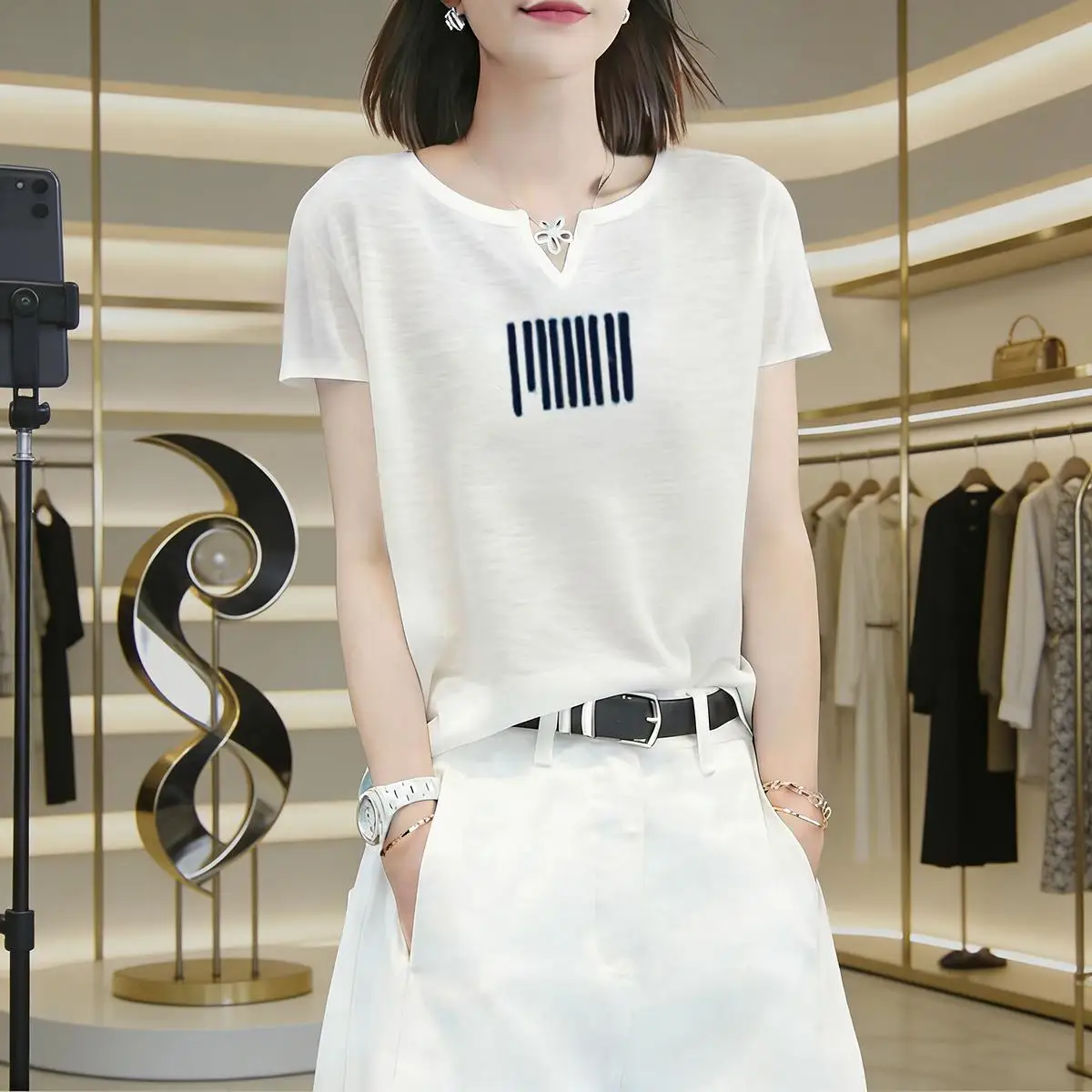 

High-End Women's round Neck Short Sleeve T-Shirt Base Shirt Summer New Style Commute Style Artistic Edition Regular Fit