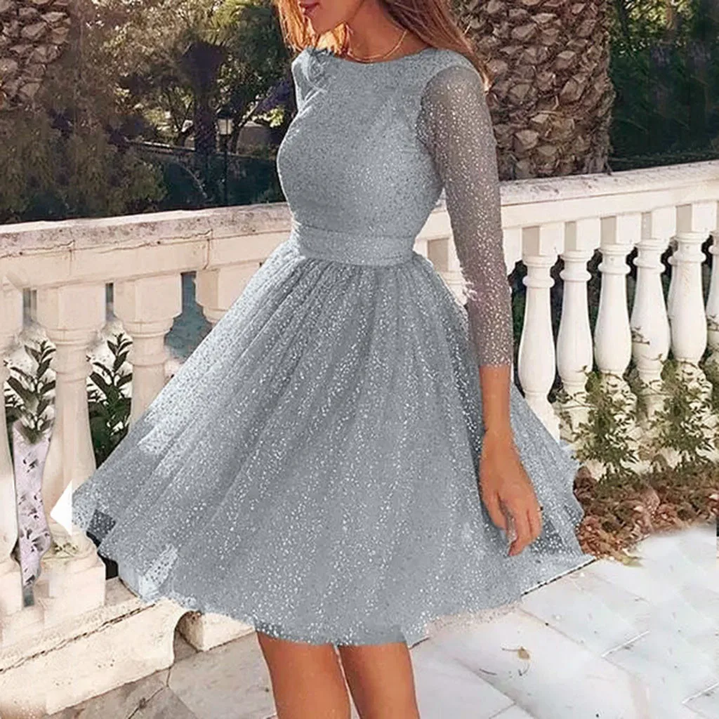 

Fashion Femal Silver Sequined Dress Women Sling Cross O-Neck Slim Hollow Lace Dress Elegant Ladies Tie Waist Wedding Party Dress