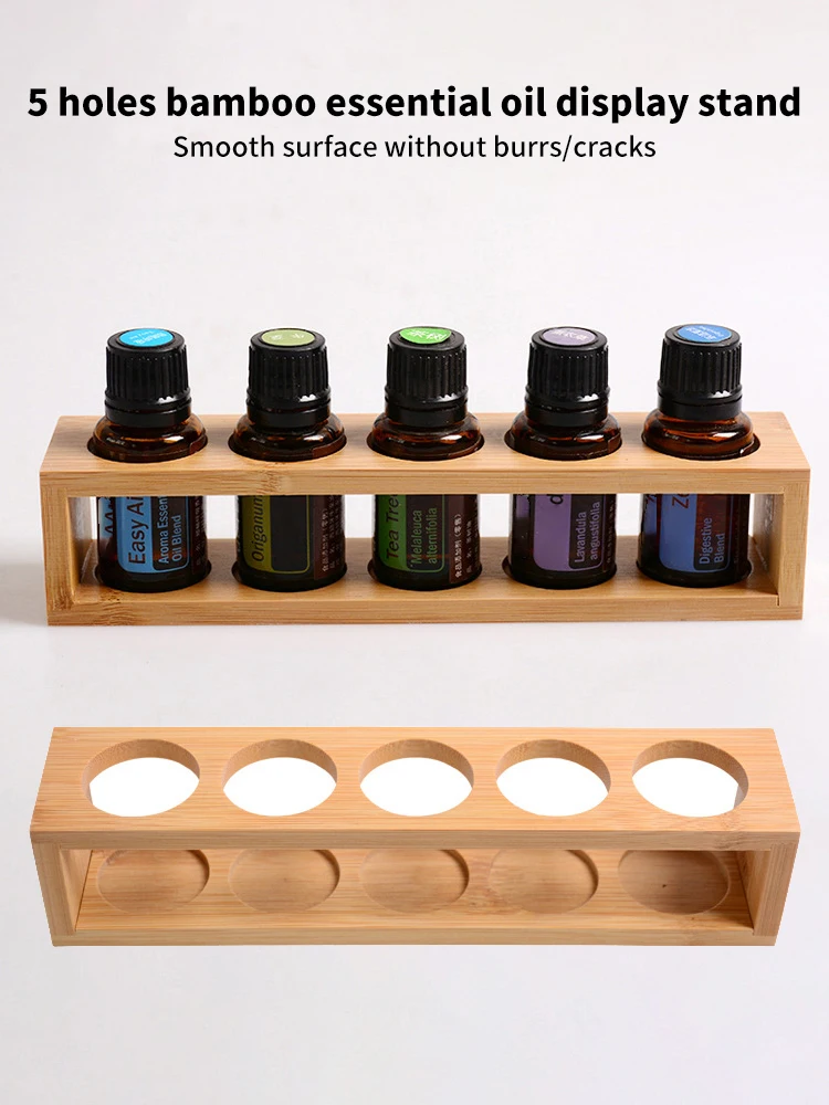 Présentoir d'huiles essentielles en bambou, support de rangement à 5 trous, support lisse pour bouteilles de parfum et huiles essentielles, 1 pièce