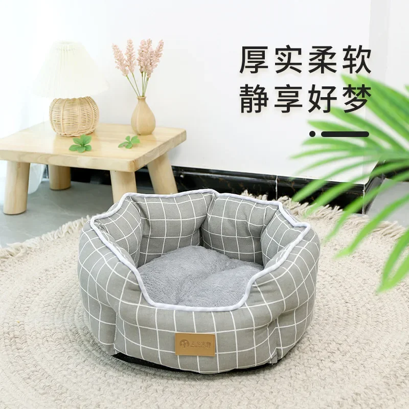 Open Hexagonal Cat Bed Grey Cotton Linen Checkered Cat Bed Comfortable Small Dog Bed Pet Supplies