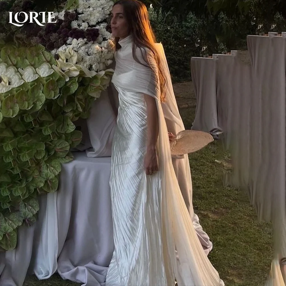 LORIE High Collar Crepe Mermaid Wedding Dress Pleats Short Sleeve High Collar Bridal Gown Customized Bride Dress Party Dress