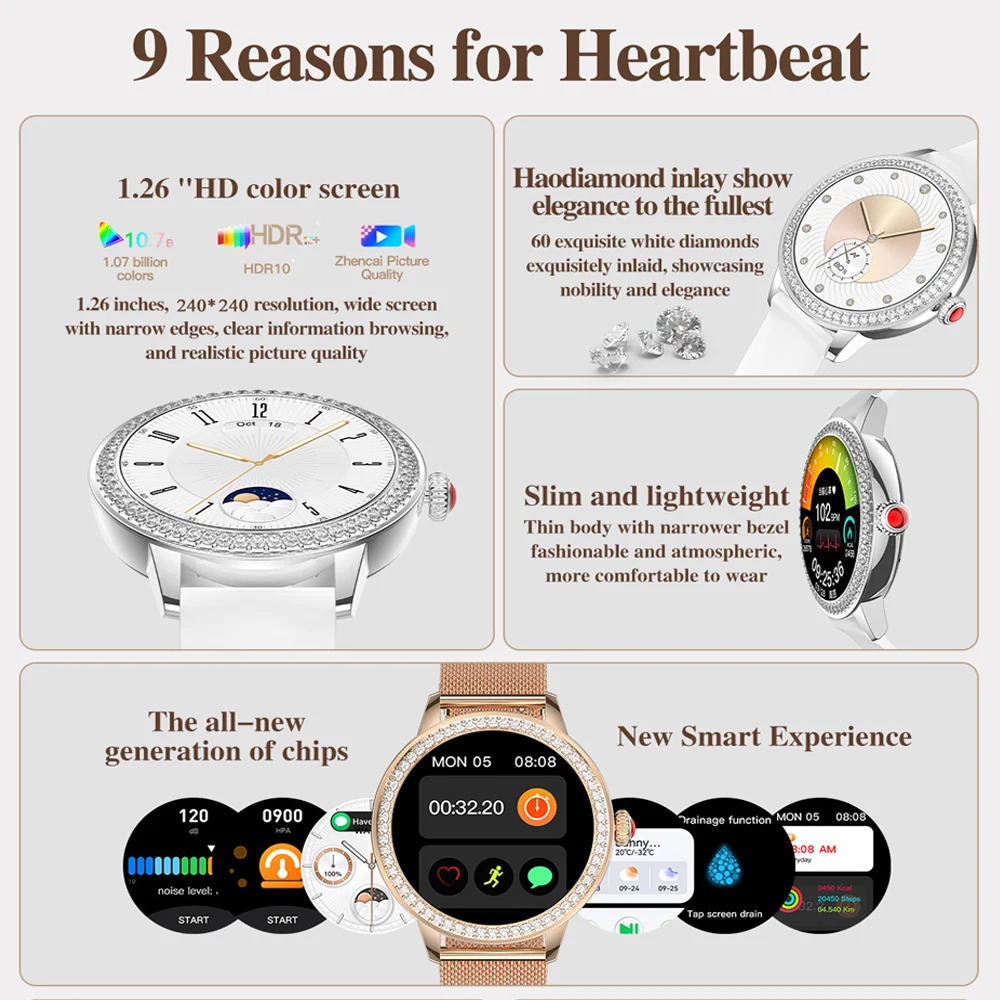 New Fitness Smart Watch Women Bluetooth Call Shinning Diamond Watch Heart Rate Monitoring Voice Assistant Sports Smartwatch