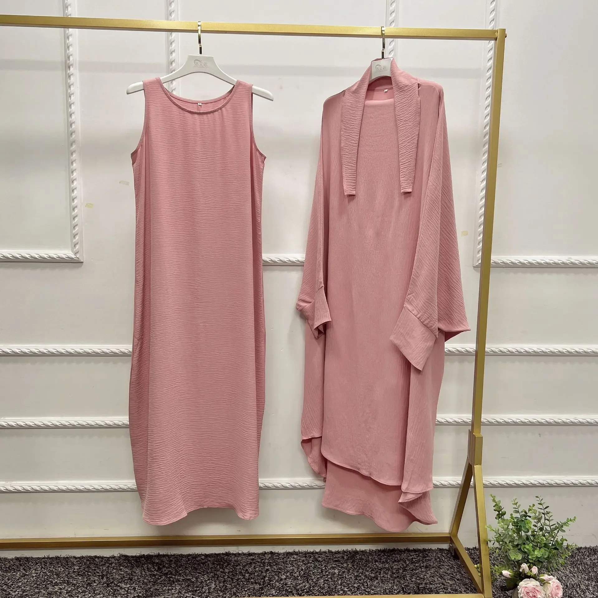 

Womem 2pcs Muslim Sets Abaya + Sleeveless Dress Jilbab Kebaya 2 Piece Set Hijab Prayer Garment Kaftan Robe Ramadan Islam Clothes