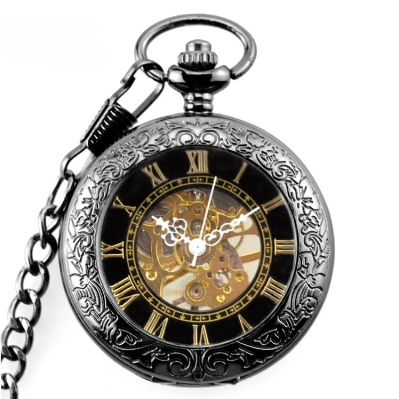 

Magnifying Glass See Through Case Black Dial Roman Number Steampunk Men's Hand Wind Mechanical Pocket Watch With Fob Chain Gift