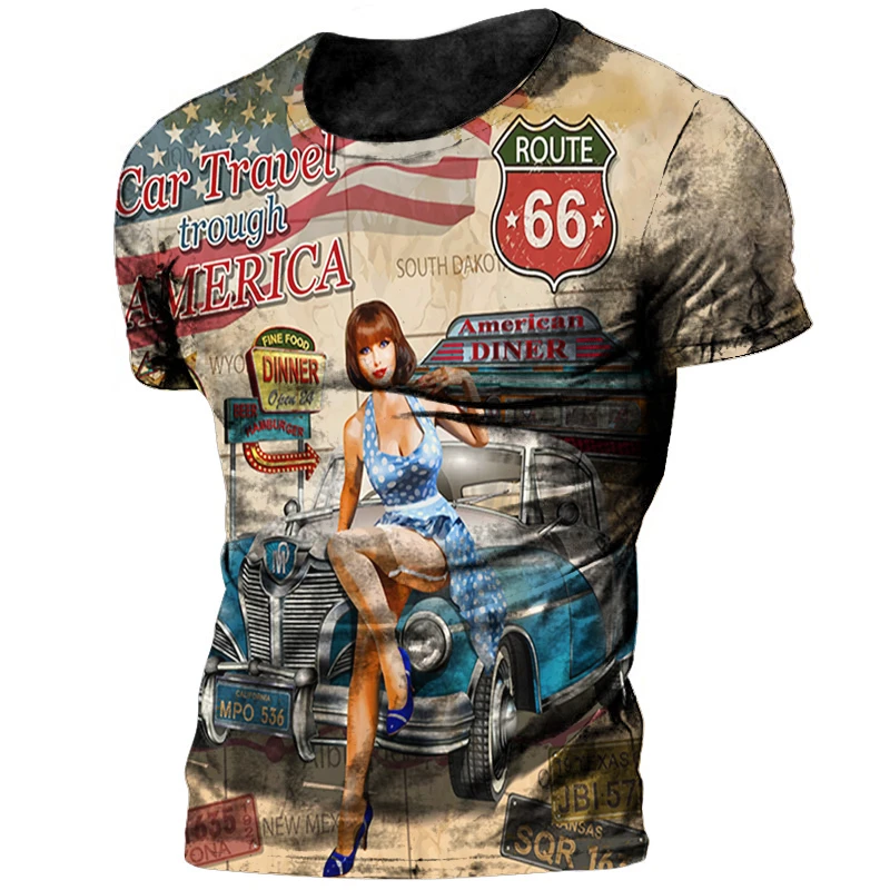 Camiseta Vintage Rota 66 para Homens, Estampa 3D, Camiseta Masculina Oversized para Motociclistas, Camiseta de Corrida Rota 66 de Manga Curta