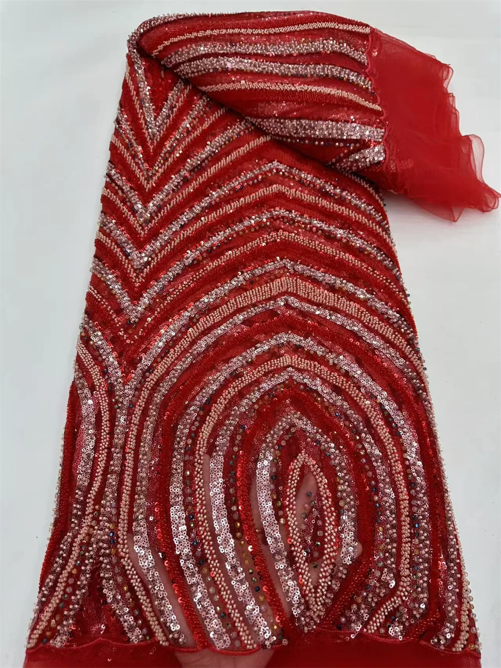 Tecido de renda africano de alta qualidade 2025 material de vestido de luxo vermelho com miçangas lantejoulas 5 jardas tecidos de renda feminina H31-1