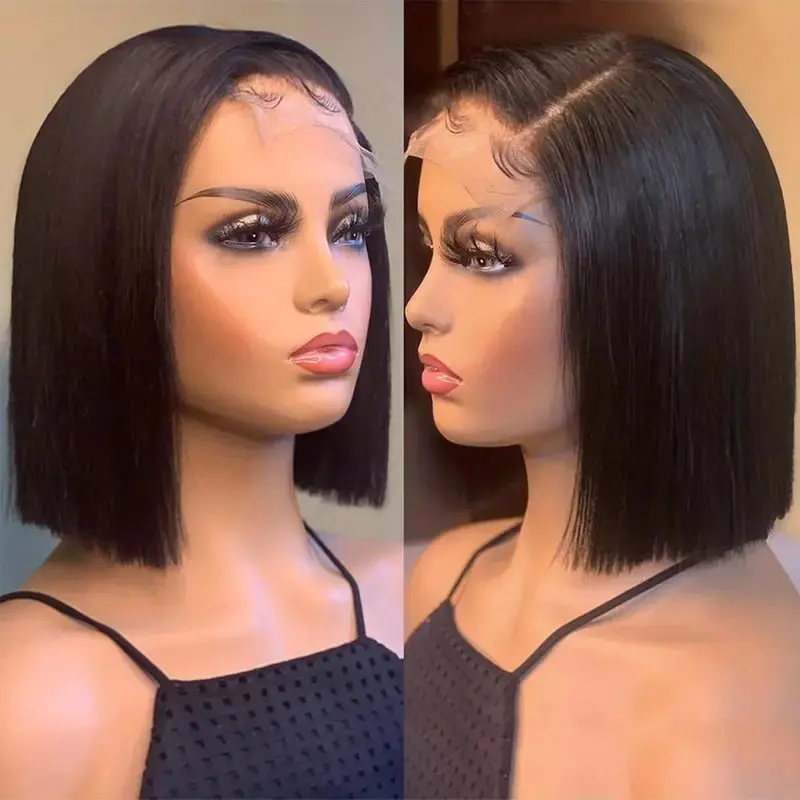 Peruca dianteira do laço transparente natural para mulheres, Bob curto reto preto, perucas de cabelo humano frontal 13x4, 13x6