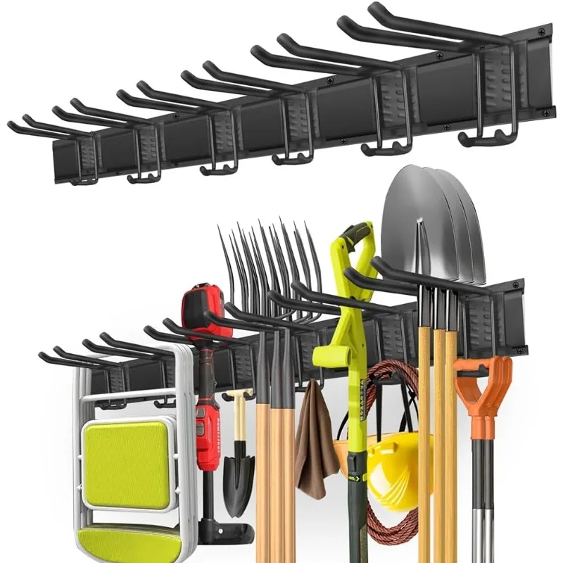 Garage Organization, Garage Tool Organizer Wall Mount with 48 inches Rails and 6 Double-layer Hooks, Garden Tool Rack