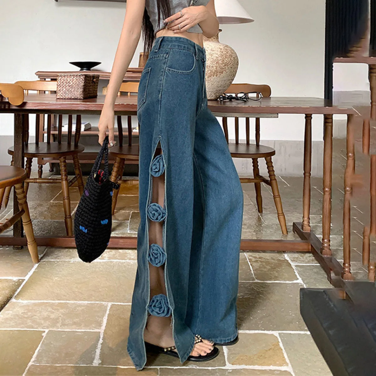 KWTX 2025 جينز نسائي أزرق عتيق بأرجل واسعة ثلاثي الأبعاد مزهّر بفتحة عالية مثير نمط الشارع أنيق مريح ربيع خريف جديد #4