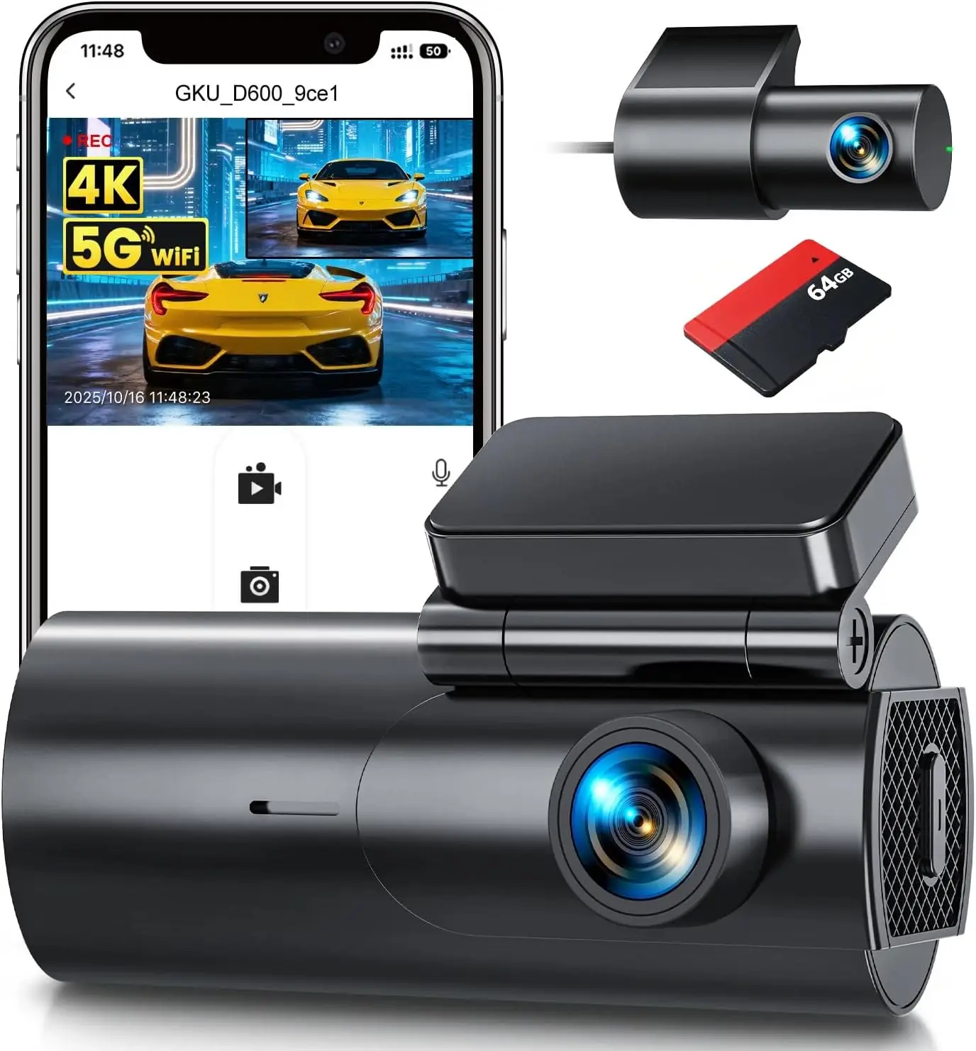 

4K+1080P Dual Dash Cam with 64GB Card, WiFi App Control, Night Vision, Parking Mode & Wide Angle