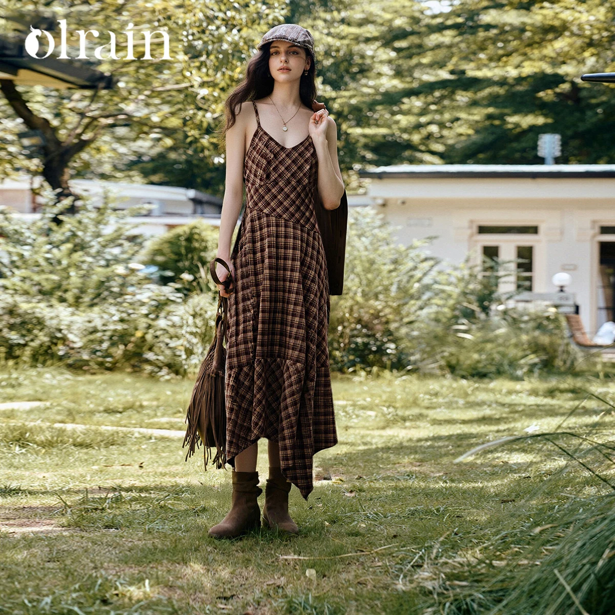 OLrain  2026 new women's winter Maillard contrasting color plaid sleeveless dress high-end long dress