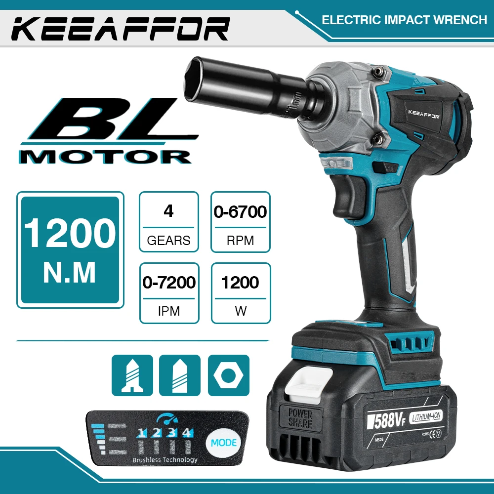 

KEEAFFOR 1200N.M Torque Brushless Electric Impact Wrench 1/2 Inch Cordless Electric Drill Power Tools For Makita 18V Battery