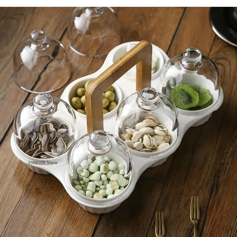 

Ceramic Snack Plate Fruit Platter Glass Cover Dessert Bowl Dried Modern Living Room Storage