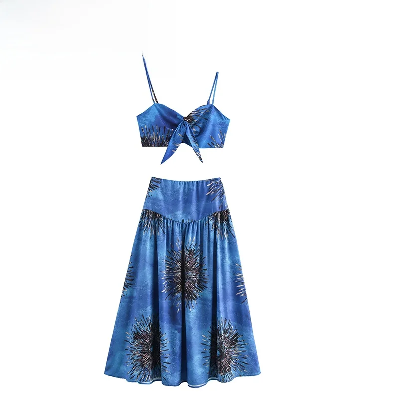 ZBZA Wiosna Nowa Damska Moda Projekt Vaion Sle Drukowany Zestaw Dwuczęściowy na Ramiączkach Wysoki Stan Poliester Letni Midi Dr