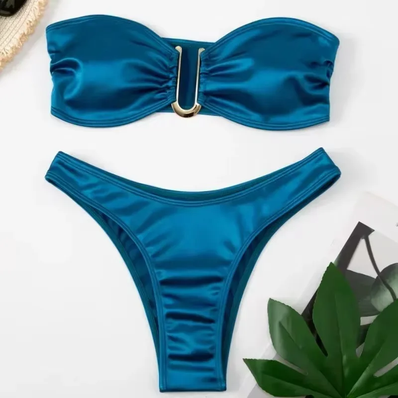 2024 Cup Bikinis Push Up High Cut Swimwear Women Bath Suit Sexy String Bandage Bikini Set Glitter Fabric Swimsuit Female