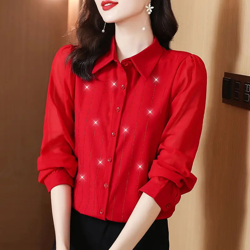 Mode Dames Heldere Zijden Vintage Knoopshirt 2023 Lente Nieuwe Forens Elegante Polo-Hals Effen Damesblouse Met Lange Mouwen