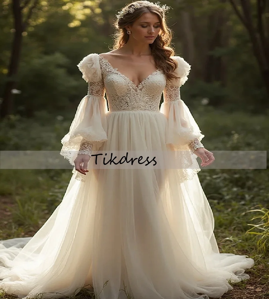 

Charming Bohemian Wedding Dress With Lace V Neck Long Sleeve A Line Tulle Garden Bridal Dress 2025 Cottagecore ForestCustomized