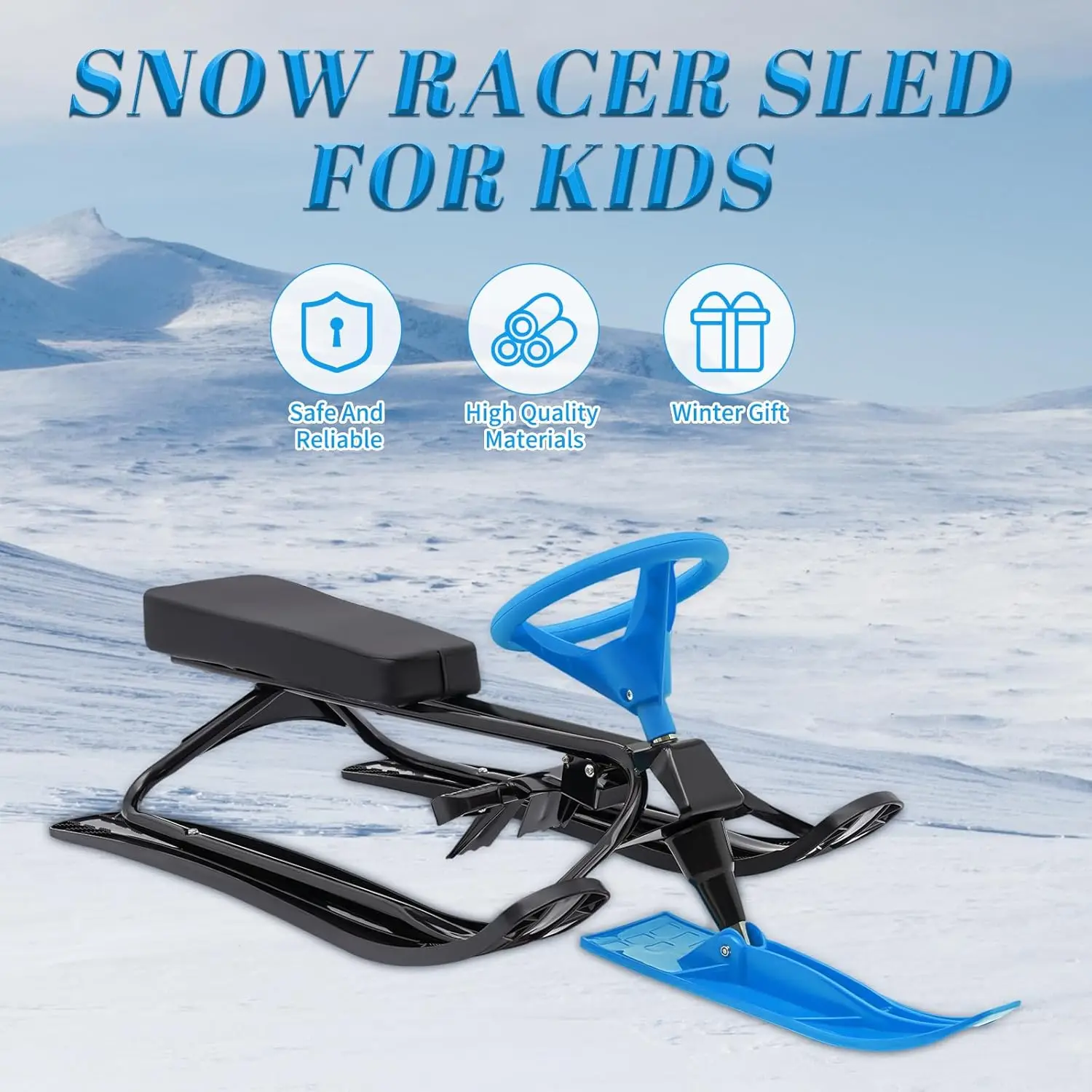 

Snow Racer Sled with Steering Wheel, Winter Sport Ski Sled Slider Board, Heavy Duty Snow Slider Board for Kids Age 3-15 Years