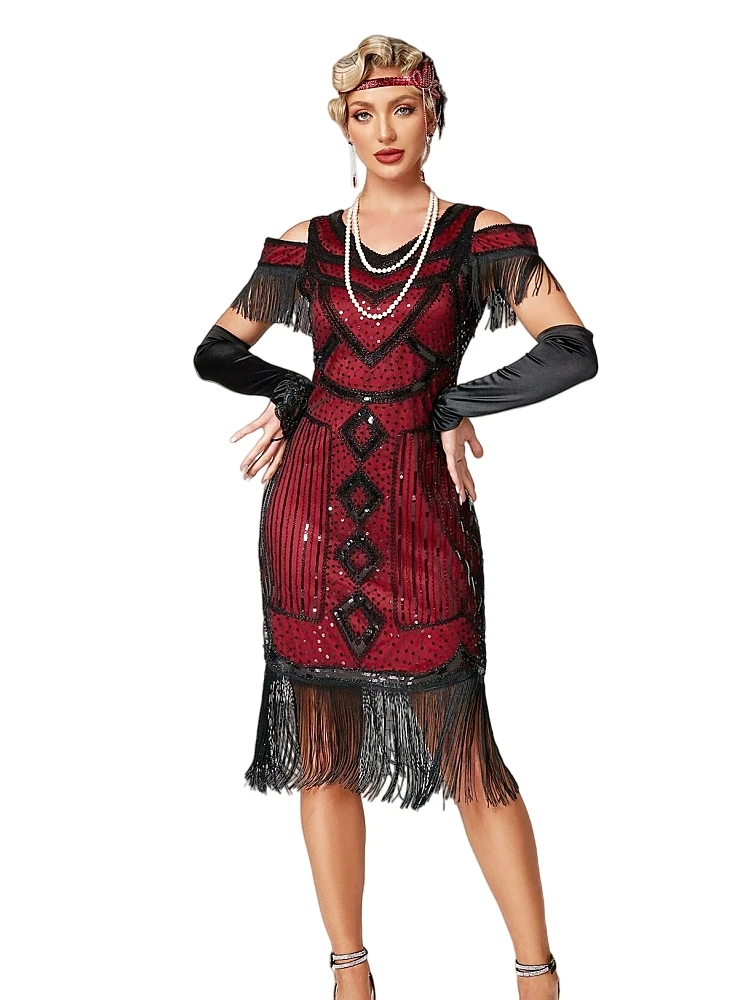 

Women Fringe 1920s Flapper Dress 20s Gatsby Themed Party Dress Vintage V-neck Off Shoulder Sequin Beaded Cocktail Dress