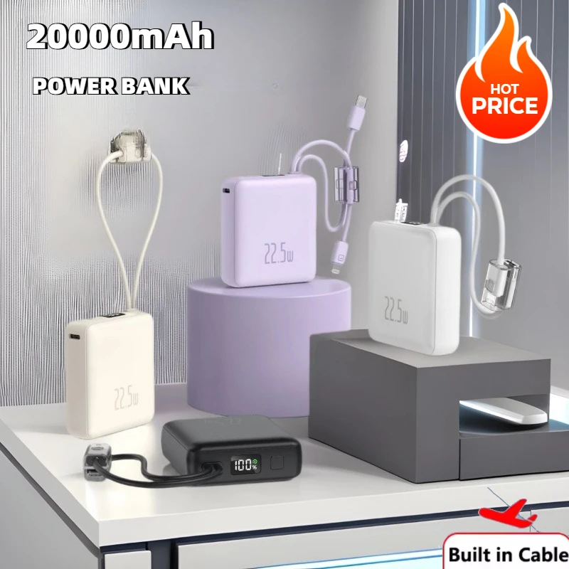

Маленькое портативное быстрое зарядное устройство Power Bank емкостью 10000 мАч с кабелем PD20W, внешняя запасная батарея для iPhone 16, 15, 14, 13, 12, Samsung Xiaomi