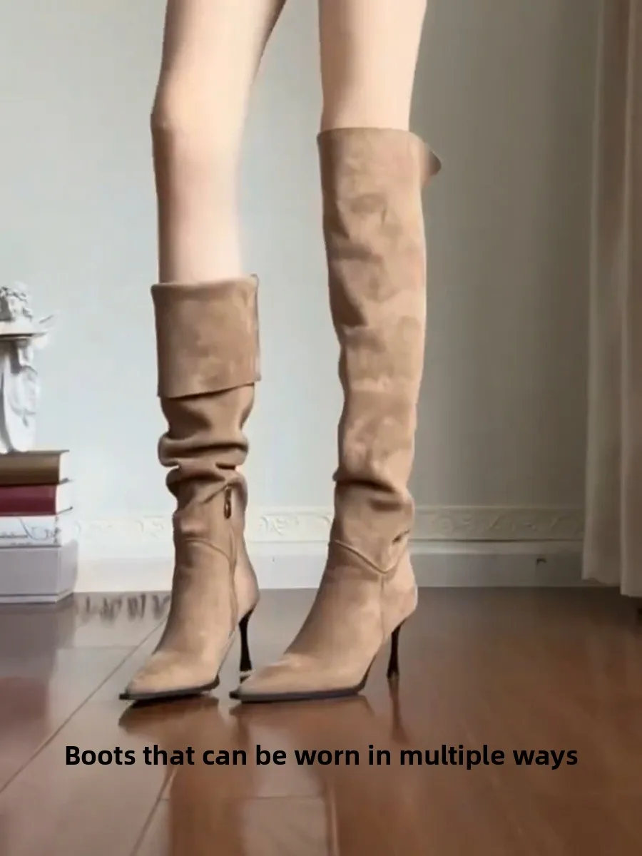 

Осень 2024, новые модные женские длинные сапоги-трубы, сапоги выше колена с острым носком и высоким каблуком, бархатный материал, боковая молния