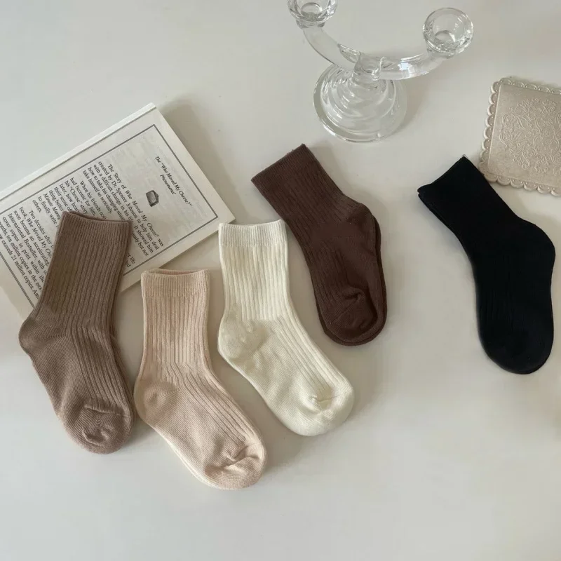 

New 5Pairs Sporty Fashion Kids Calf Sock for Boy Girl Korean Chic Beige Coffee Color Sock Cute Autumn Spring Soft Cotton Sock