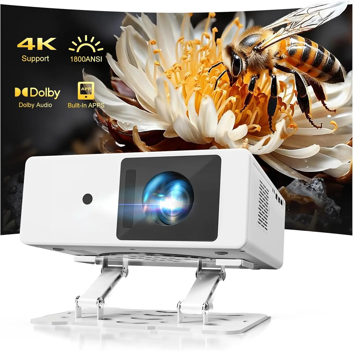 

Портативный умный проектор 4K WiFi 6 Bluetooth для улицы, 1800 ANSI люмен, автофокус, Dolby Audio, HDR10+