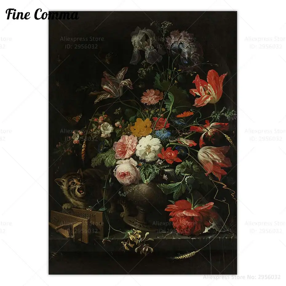 The Overturned Bouquet Abraham Mignon Vintage Poster Antique Oil Painting Copy Cat Flower Wall Art Canvas Print Home Decor Gift