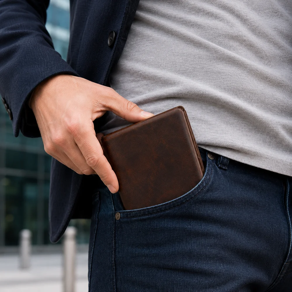 Men's RFID Cowhide Card Holder Wallet with Coin Purse description 1
