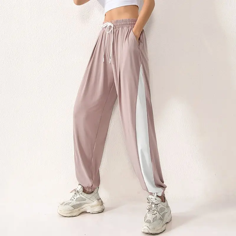 Color Matching Sports Pants Women Training Quick Dry Outdoor Running Fashion Casual Loose Elastic High Waist Lace Up Trousers