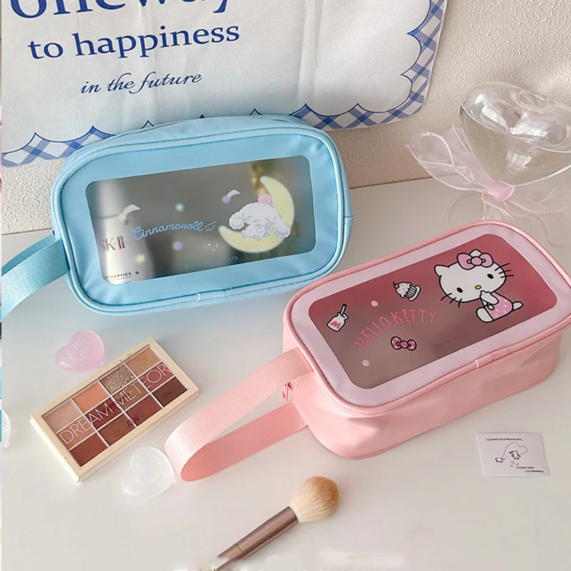 Sanurgente-Trousse de toilette transparente imprimée Anime Hello Kitty, sac de rangement étanche, mignon, PVC, Pochacco Kuromi, rangement pour vêtements d'extérieur