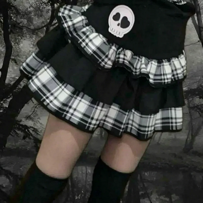 European American Japanese Style Pleated Cake Skirt Black White Plaid Patchwork Sweet Cool Mini Skirt
