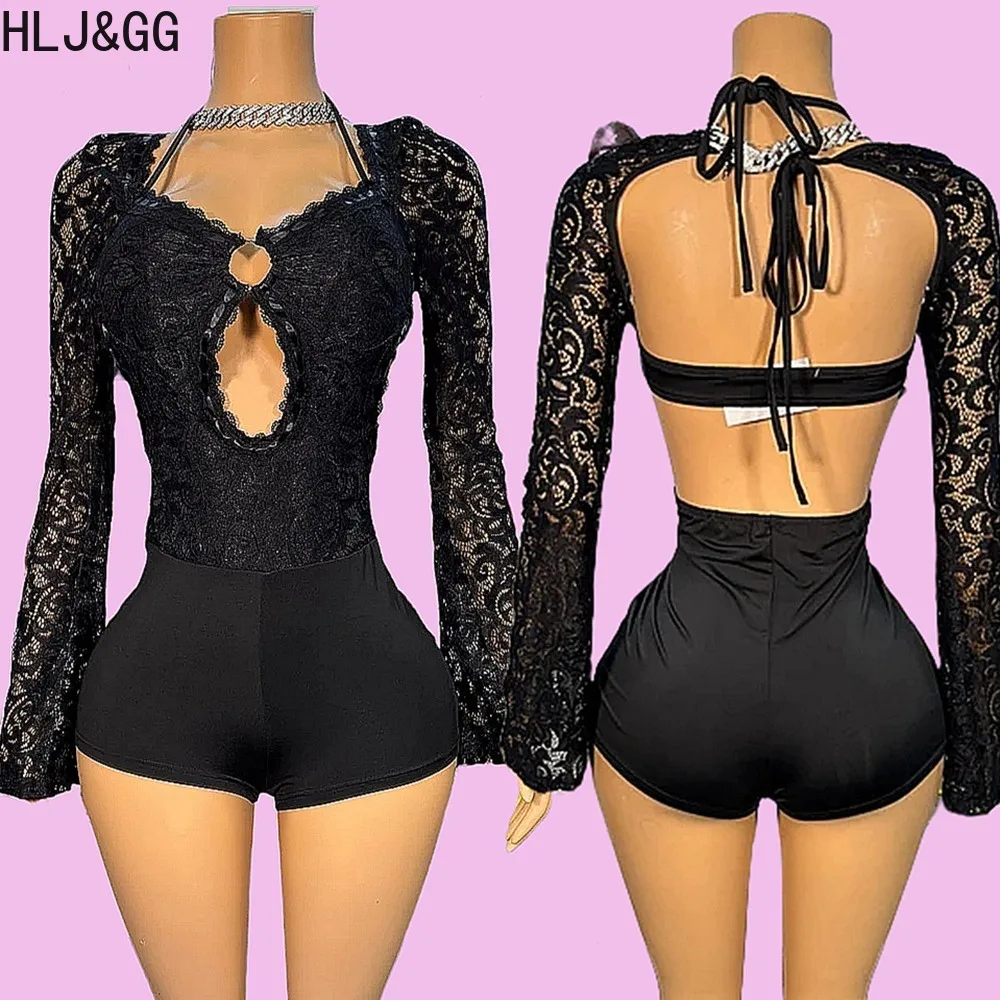 

HLJ&GG Sexy Hollow Out Rompers Women Black Lace See Through Backless Lace-Up Jumpsuits Hot Girl Streetwear Overalls 2025 New