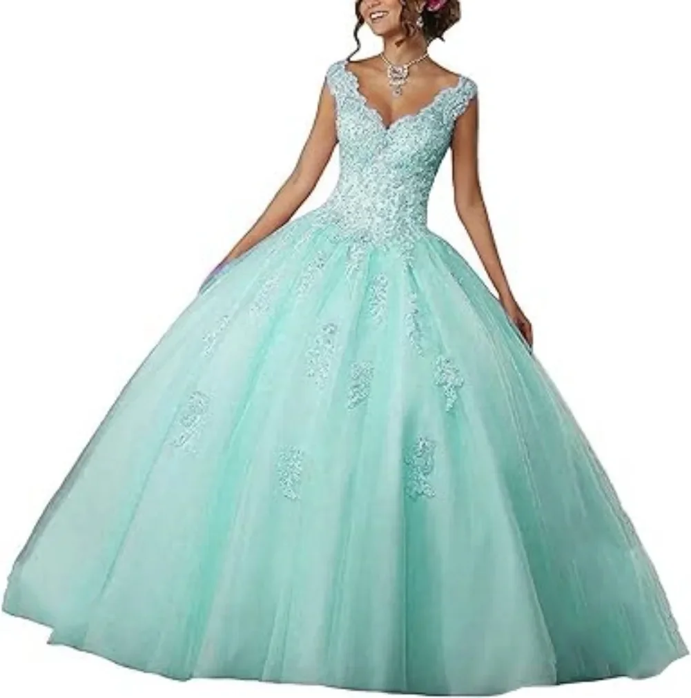 CLcaojun Women's V-Neck Beading Lace Quinceanera Dresses Sweet 16 Appliques Prom Ball Gown Customized