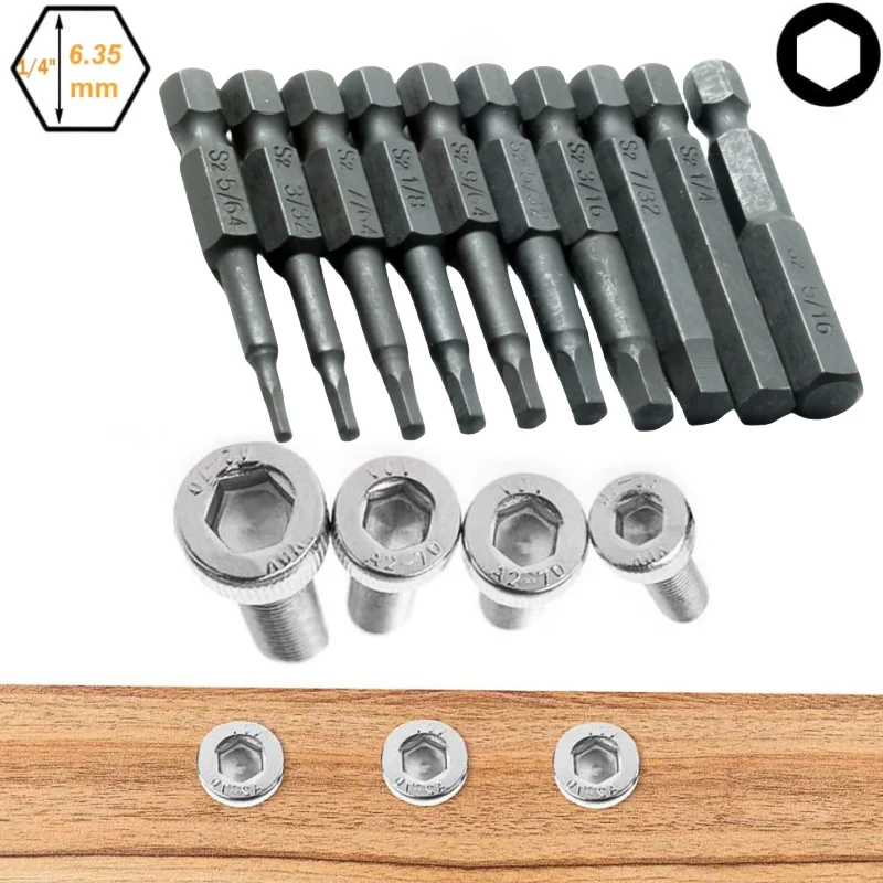 10 Pcs SAE/Metric Hex Head Allen Wrench Drill Bit Set 1/4\