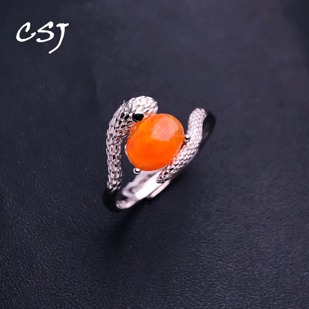 

CSJ Vintage Snake Natural Fire Opal Rings Sterling 925 Silver Gemstone 6*8mm for Women Birthday Party Jewelry Gift