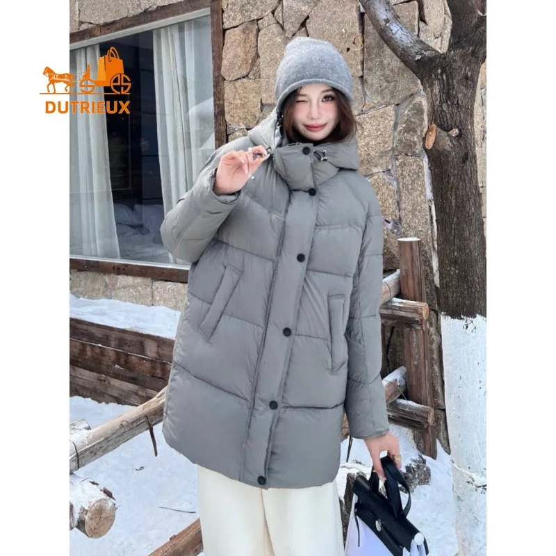 새로운 겨울 여성용 심플 다용도 라펠 후드 미디움 다운 재킷, 90% 화이트 구스 다운 충전, 캐주얼 따뜻하고 부드러운 코트