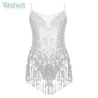 Child Girls Latin Dance Bodysuit Shiny Sequin Tassel Leotard Dress Tango Cha-cha Samba Rumba Skating Ballet Gymnastics Dancewear