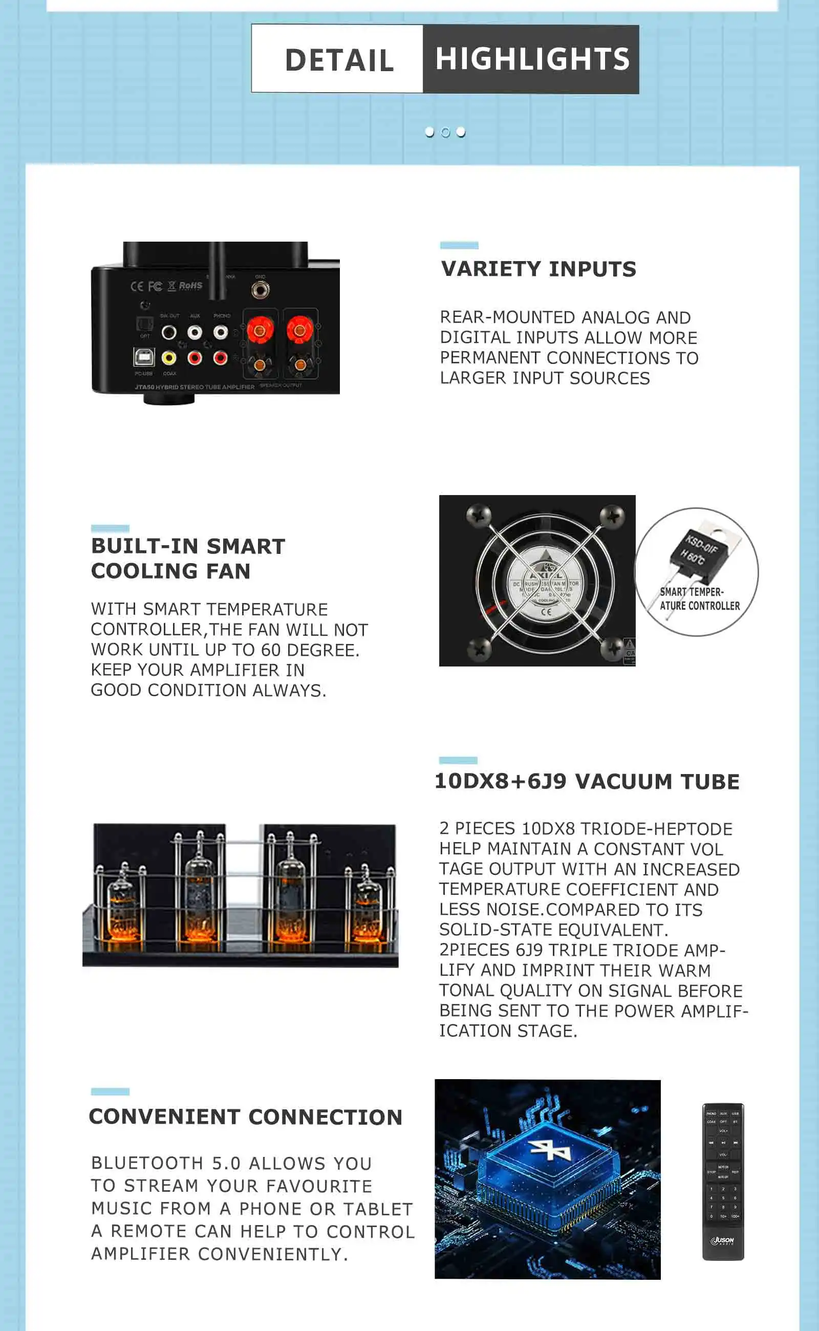 Juson Audio JTA50 Röhren verstärker Hifi Vakuum Blue Tooth Hybrid Stereo Sound USB RCA Opt Remote Phono 2,1 W Kanal für Plattens – Detail 9