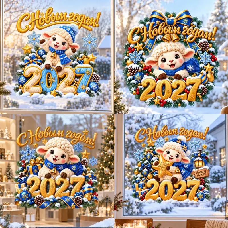 Imitation Knit Lamb Christmas Window Decal 2027 New Sheep Sticker Ornament Waterproof for Bedroom Xmas Decoration