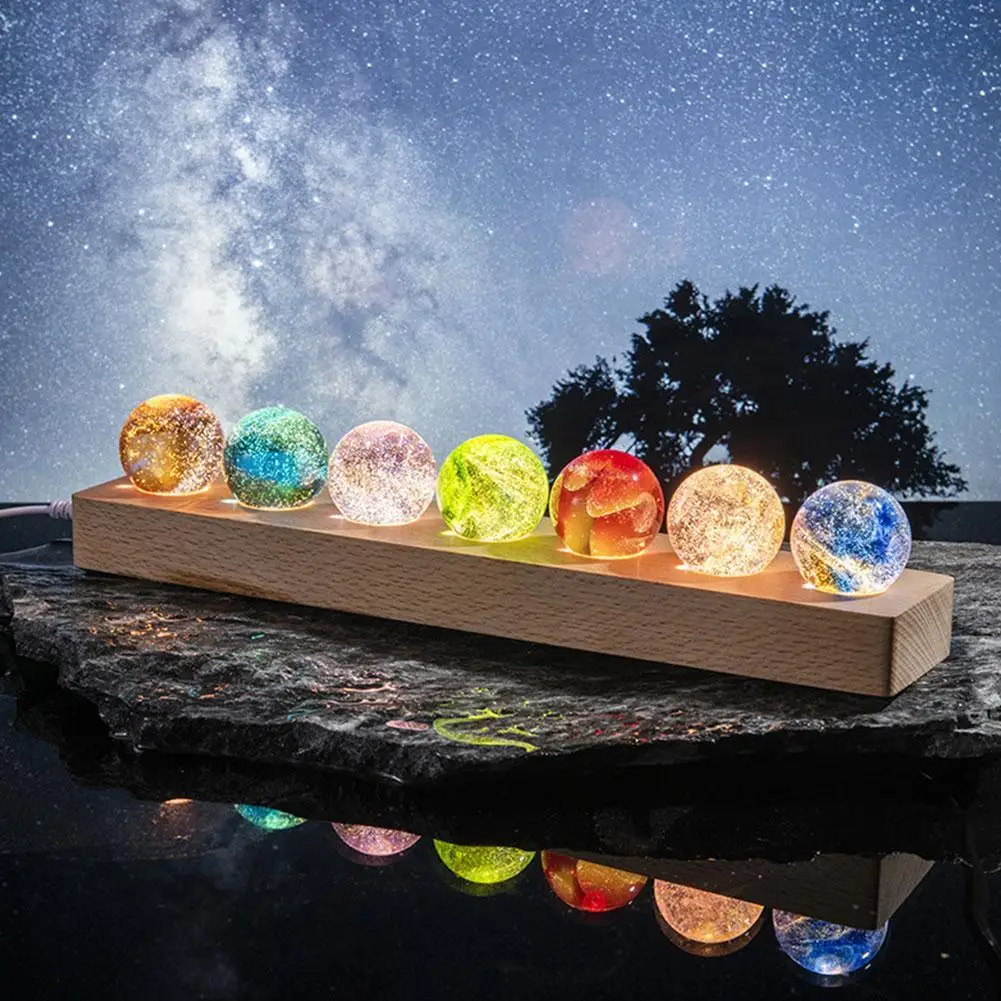 LED Wood Stand 7 Colorful Glass Ball Shiny Detachable Luminous Crystal Ornaments Rectangle/Round Base USB Plug in