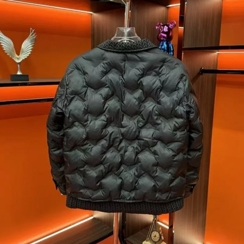 New Men Winter Cotton Padded Jacket Knit Spliced Quilted Puffer Coat Vintage Business Casual Warm Outerwear Wheat Spike Design