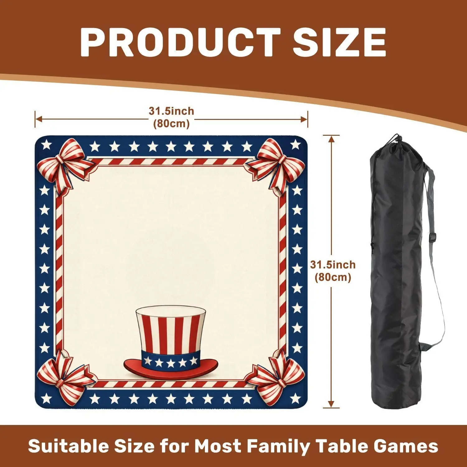 Luxury Neoprene 31.5 Inch 3mm Mahjong Mat Patriotic Star Frame Uncle Sam Hat Non Slip Noise Reduction for Mahjong Dominoes