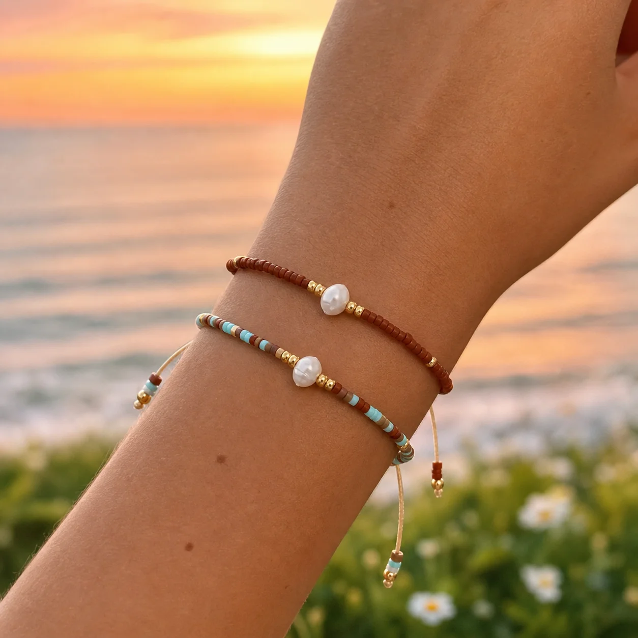 2pcs Round Glass Beaded Tie Bracelet with White Center Bead Brown Turquoise Boho Stackable Strand Bracelet for Women Beach Style