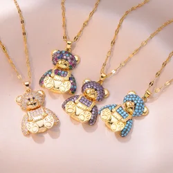 Colorful Zircon Cute Bear Pendant Necklaces for Women Girls Stainless Steel Trendy Romantic Jewelry Accessories Gifts