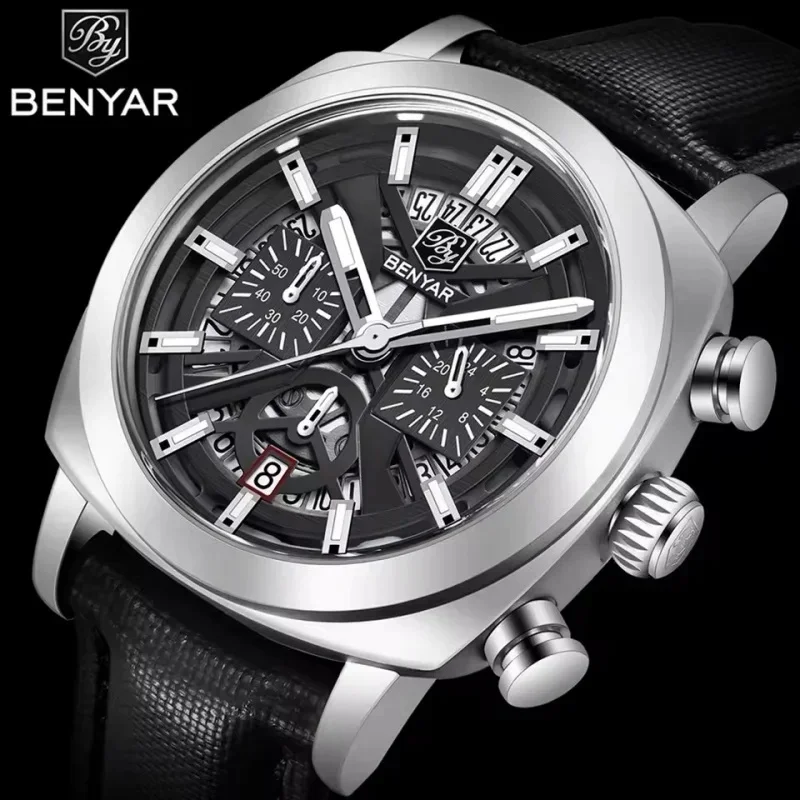 BENYAR 5205 Men's Sports Watch Leather Quartz Movement Water Resistant Anti-Reflective Chronograph Design New in S