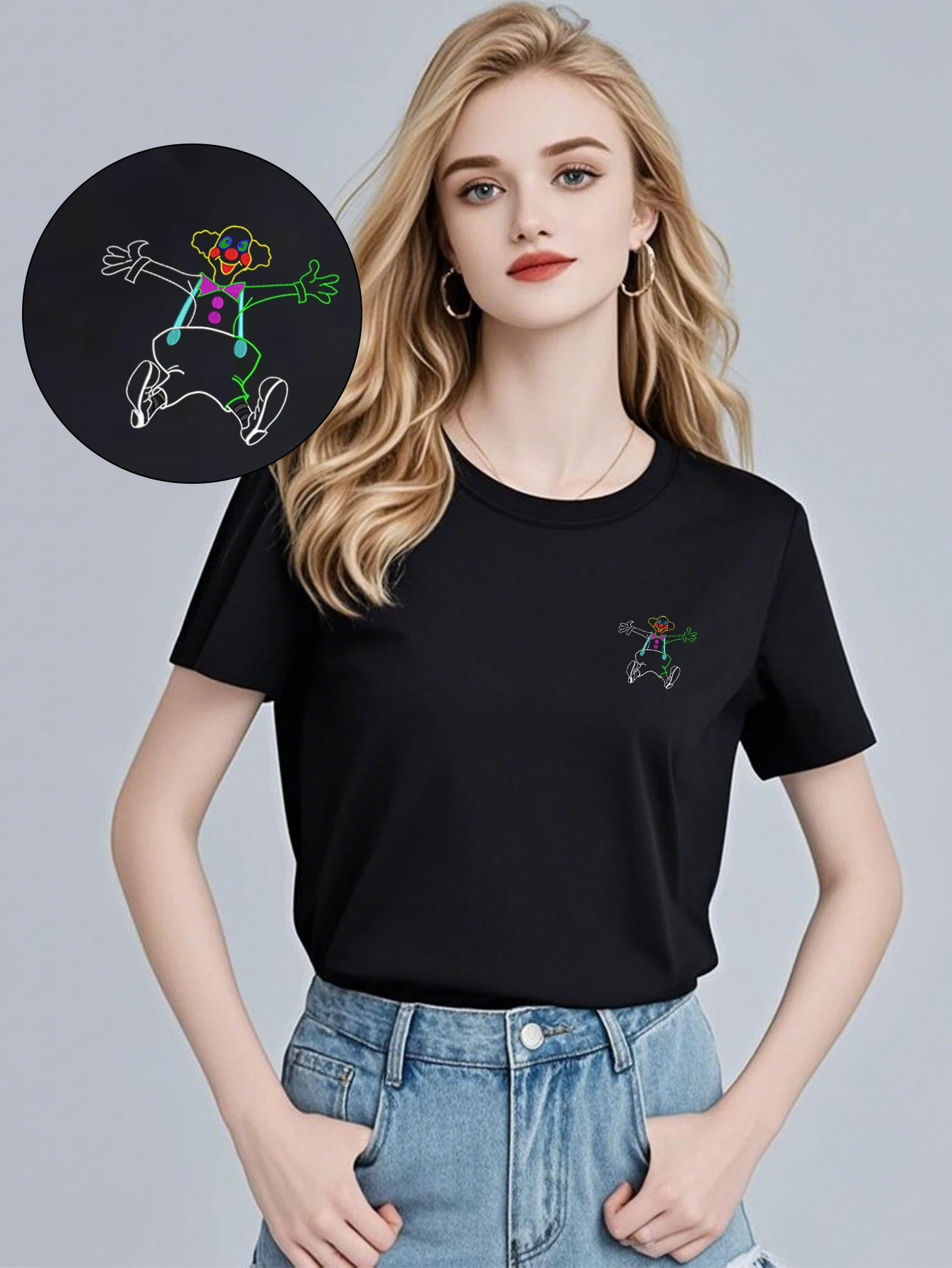 

Jester Joy Men & Women Embroidered Cartoon Clown Cotton T-Shirt – Playful Top Tees with Luxury Embroidery for Carnival Nights