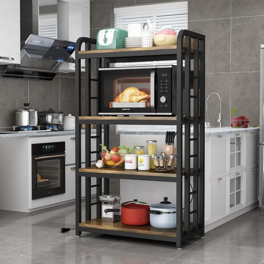 Rack with Power Outlet ，4-Tier Kitchen Baker's Rack, Kitchen Microwave Stand with Storage Suitable for Kitchen