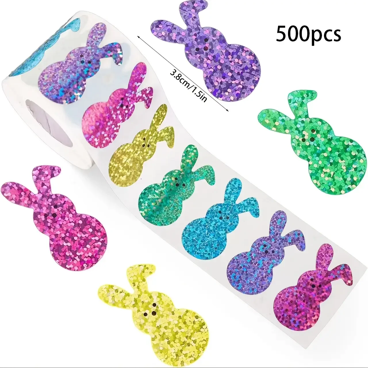 500 Uds. Por rollo de pegatinas de conejito de Pascua, etiquetas para bolsas de fiesta de primavera, pegatina de conejo de Pascua con brillo arcoíris, pegatina personalizada