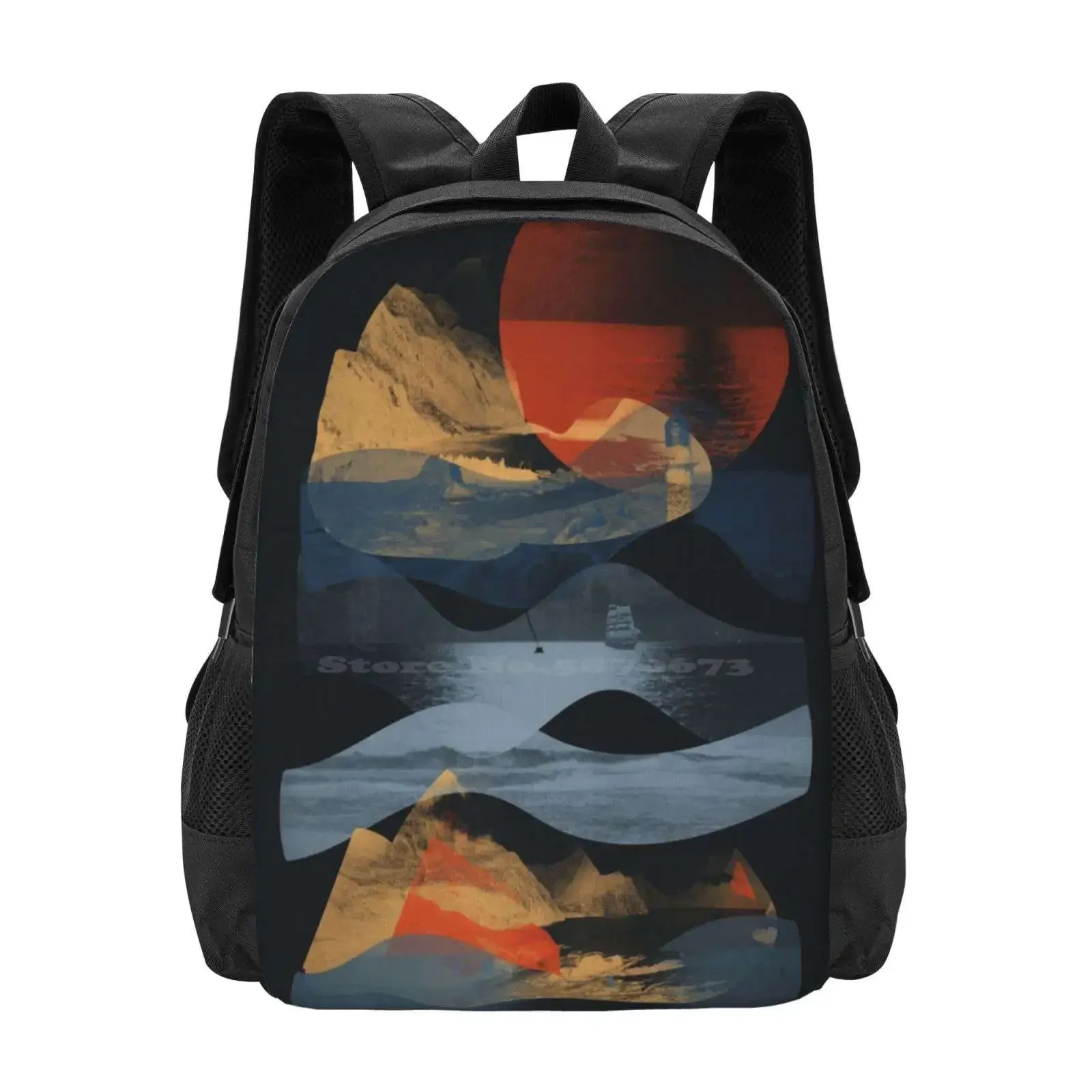

Descend... Pattern Design Bag Student's Backpack Ndtank Landscape Seascape Seaside Ocean Ship Sailing Lighthouse Island Waves
